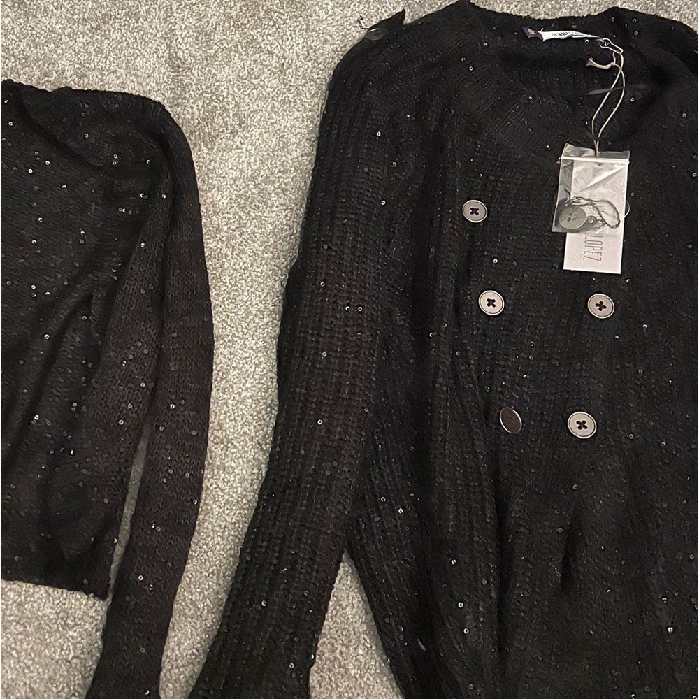 Jennifer Lopez NWT Black Sequin Glitter Button Up Sweater Size Large
